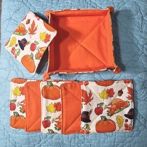 Handmade Fall Thanksgiving Harvest Print Cotton Reversible Set Of 6 Coasters